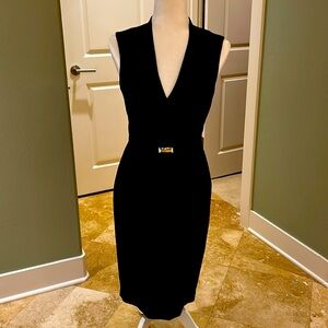 White House Black Market back zip sheath dress with kick pleat in back self belt